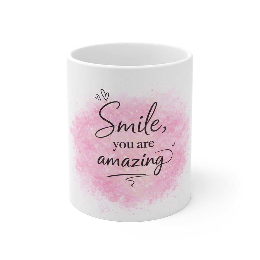 Inspirational Coffee Mug — "Smile, You Are Amazing" Pink Watercolor