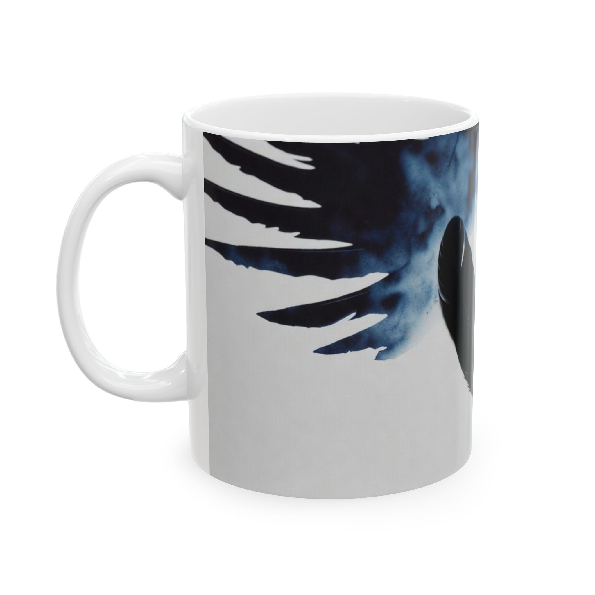 Ceramic Mug — Black Feather & Ring Design