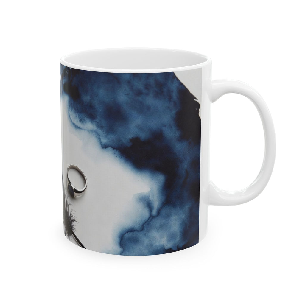Ceramic Mug — Black Feather & Ring Design