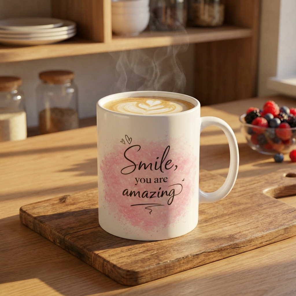 Inspirational Coffee Mug — "Smile, You Are Amazing" Pink Watercolor