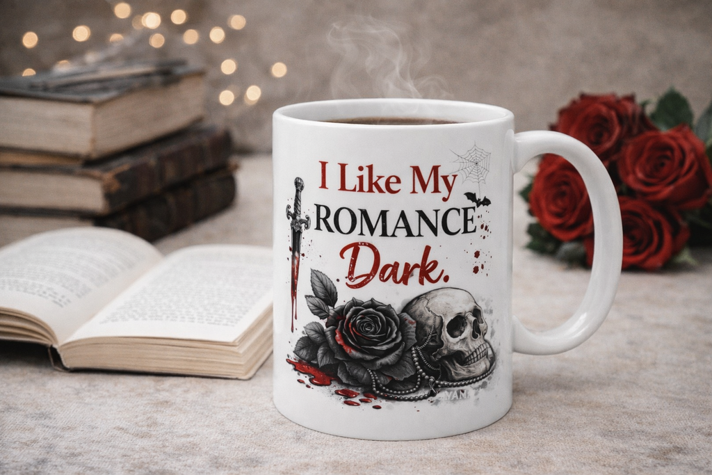 Dark Romance Mug – “I Like My Romance Dark” | Gothic Book Lover Coffee Mug | Free Shipping USA