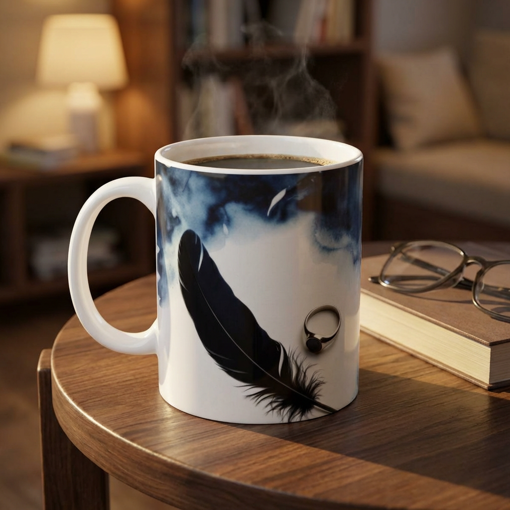 Ceramic Mug — Black Feather & Ring Design