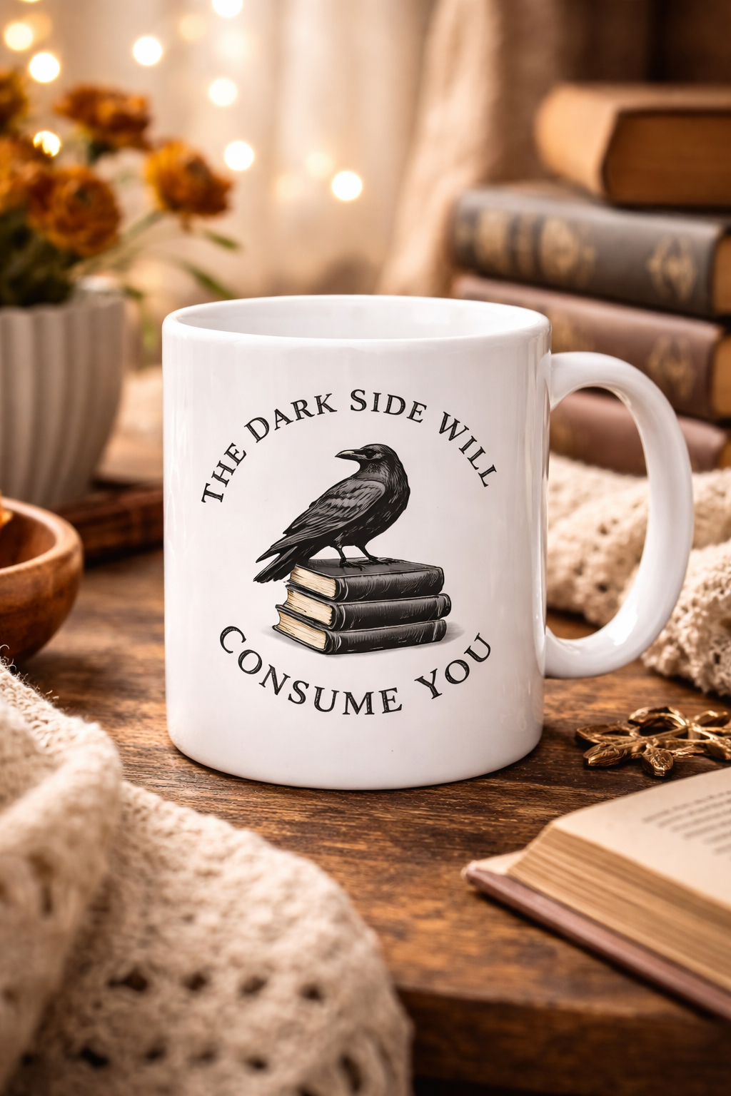 The Dark Side Will Consume You Raven & Books Ceramic Mug