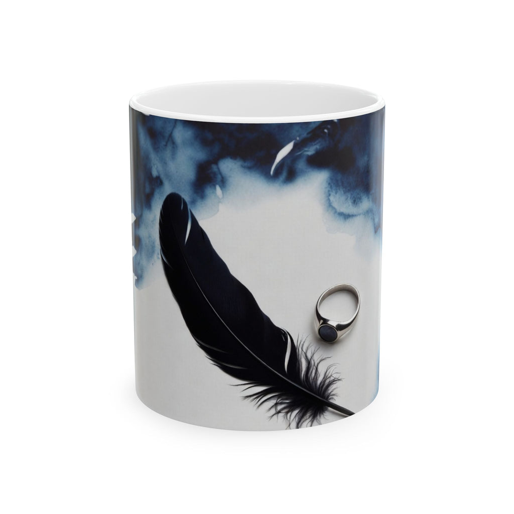 Ceramic Mug — Black Feather & Ring Design