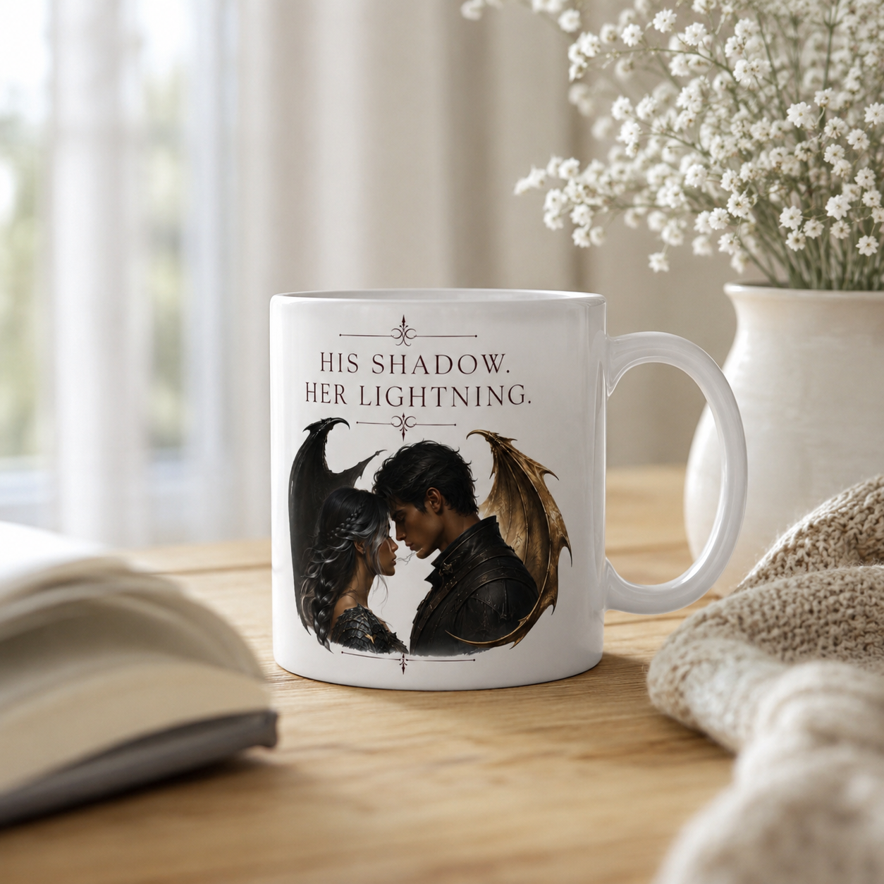 His Shadow, Her Lightning dragon couple mug for fantasy romance readers, front view