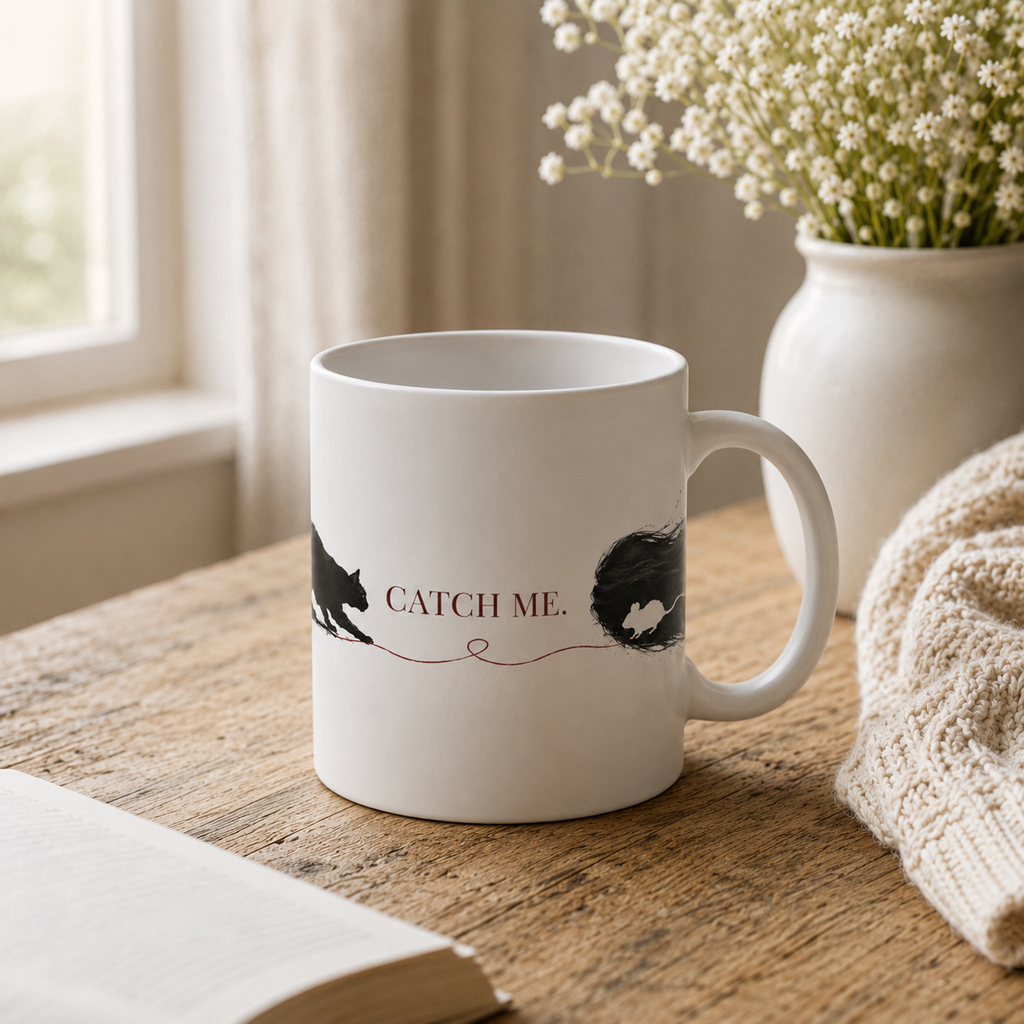Catch Me dark romance mug with black cat-and-mouse artwork and red thread
