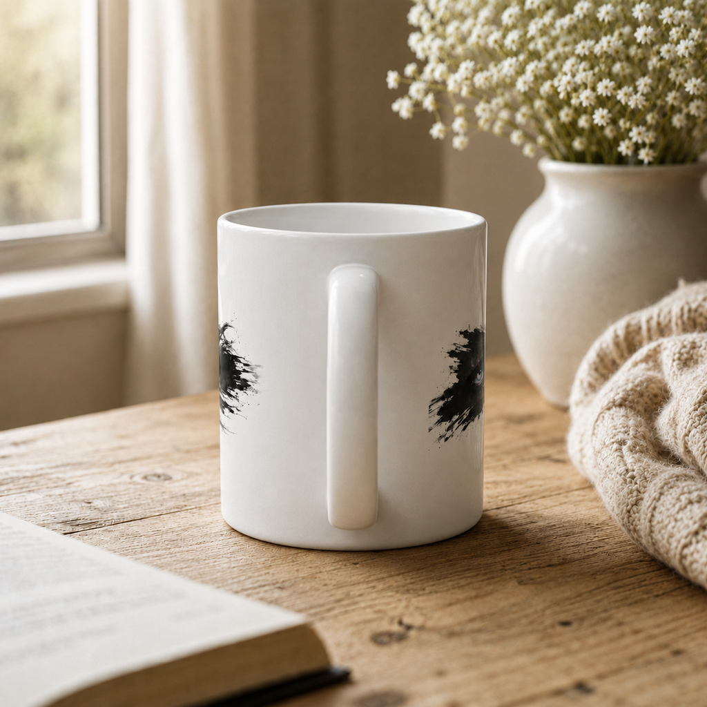 Back view of 11oz Catch Me bookish mug showing the wraparound design