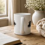 Back view of 11oz Catch Me bookish mug showing the wraparound design