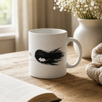 Side view of dark romance mug with white mouse inside black ink artwork