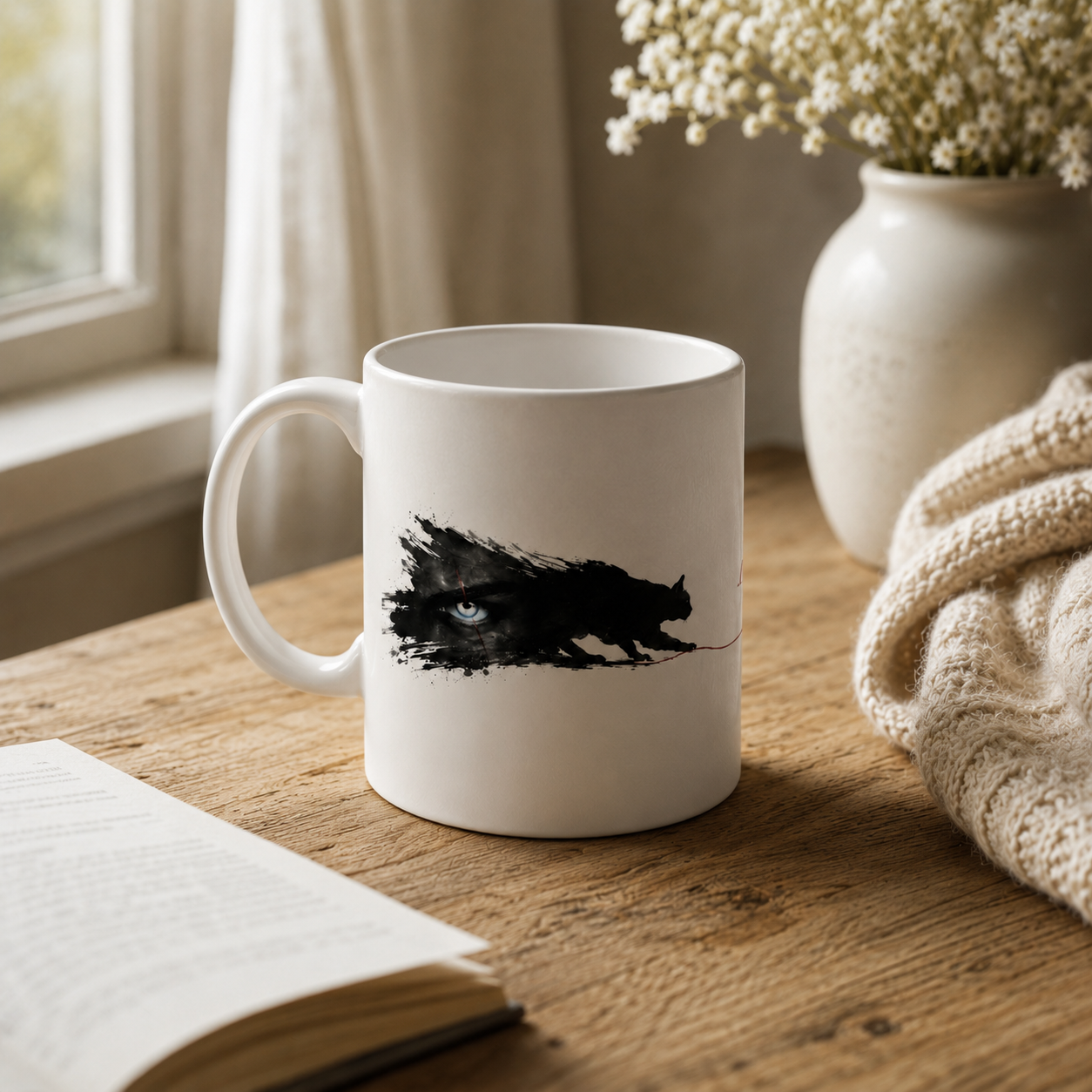 Side view of Catch Me mug with a blue eye emerging from dark ink
