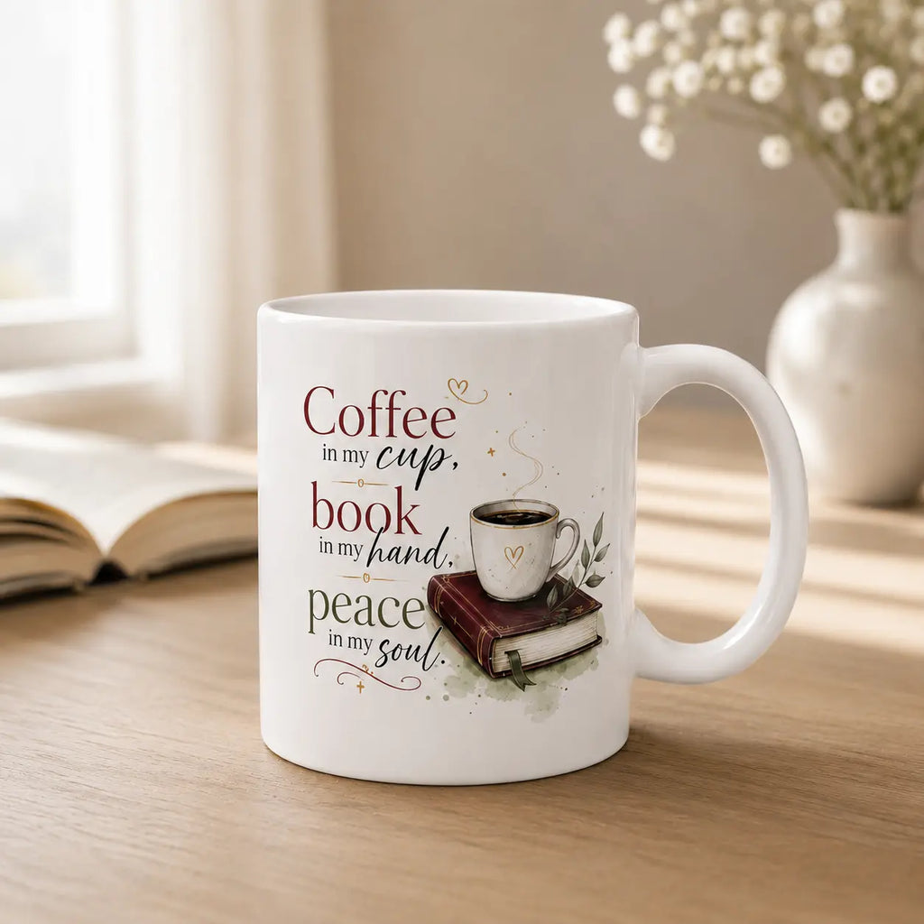 "Coffee, Book, Peace" Bookish Mug 11oz Printify