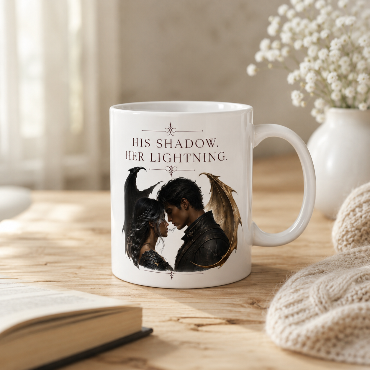 His Shadow, Her Lightning bookish mug with dragon couple artwork, angled view