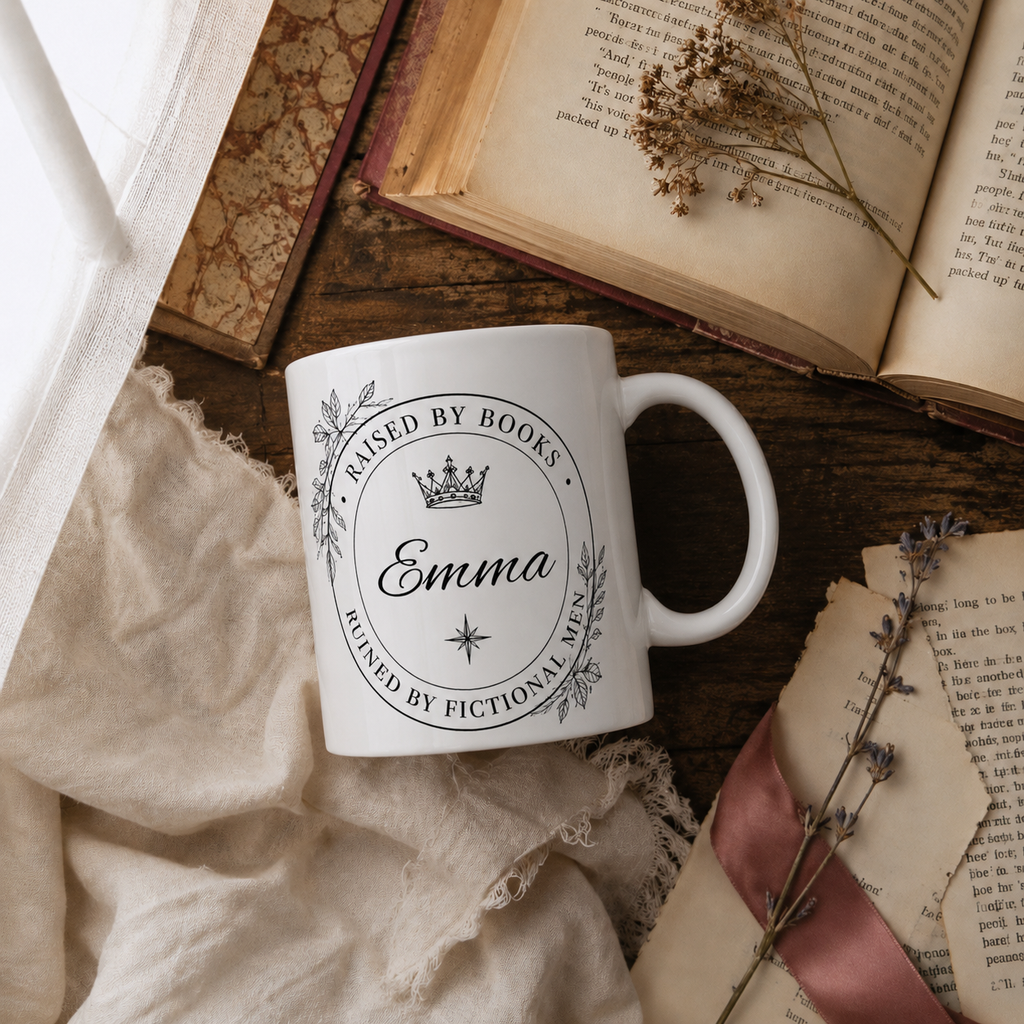 Raised by Books, Ruined by Fictional Men – Personalized Bookish Ceramic Mug