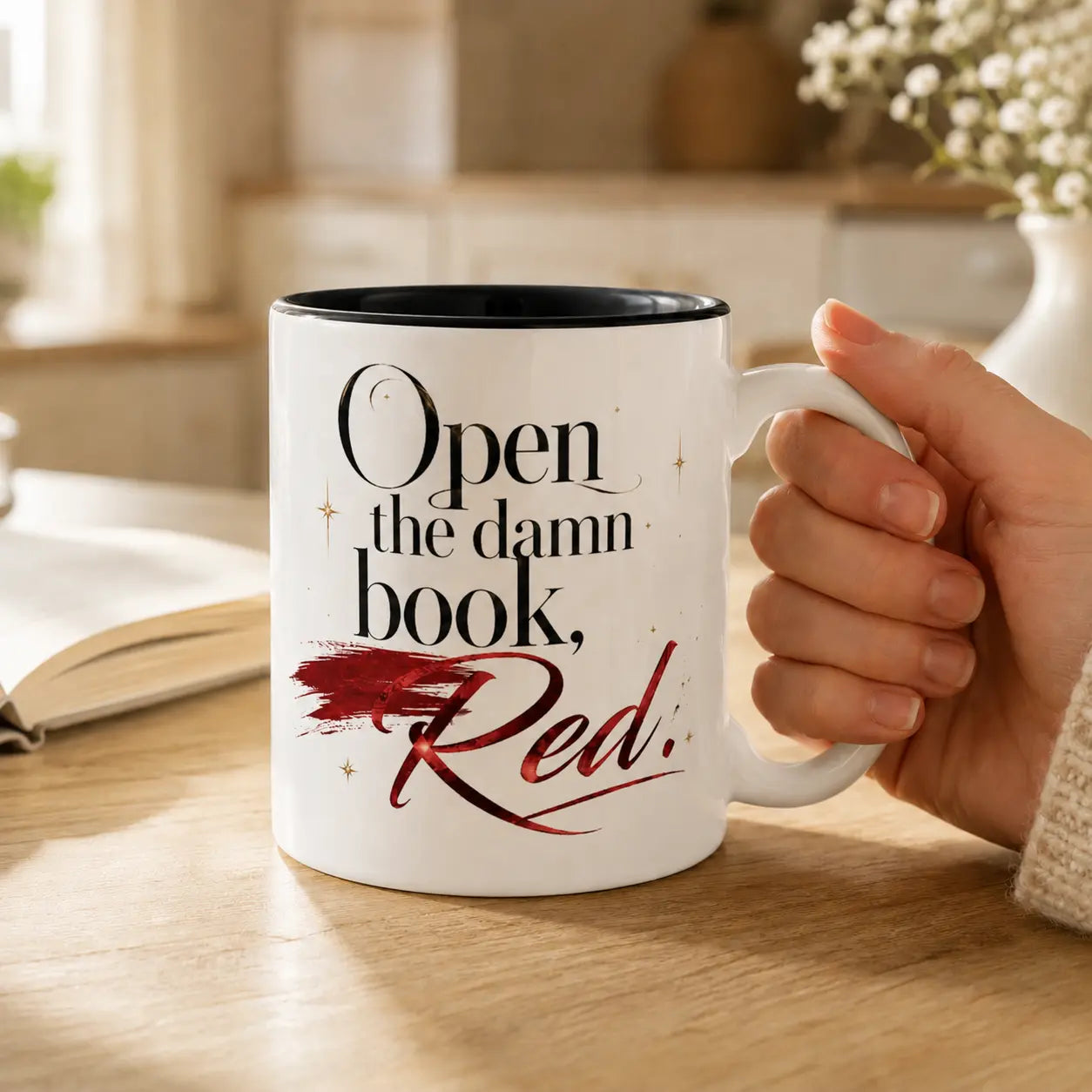 Open the Damn Book, Red. – Bookish Ceramic Mug Printify
